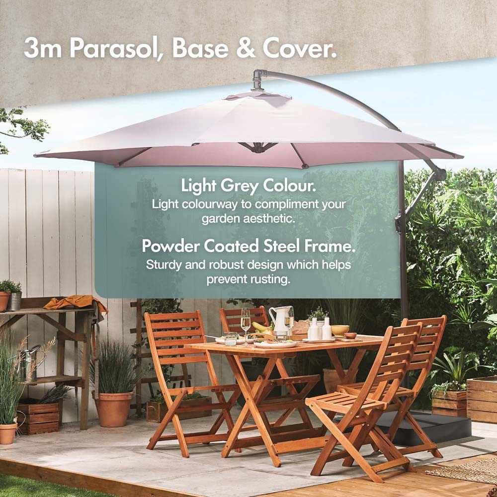 Grey 3m Cantilever Parasol, Base & Cover Set - image 2