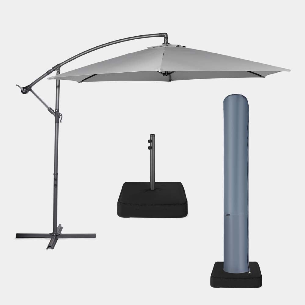 Grey 3m cantilever parasol with a sturdy metal frame, adjustable arm, and a round base covered in black fabric, ideal for outdoor shading.