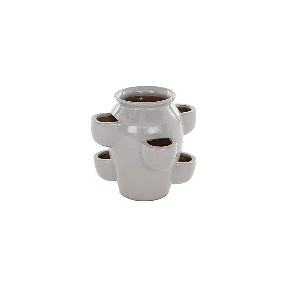 Tiered white ceramic herb planter with five small side pots and a central larger pot, designed for windowsills and vertical gardening.