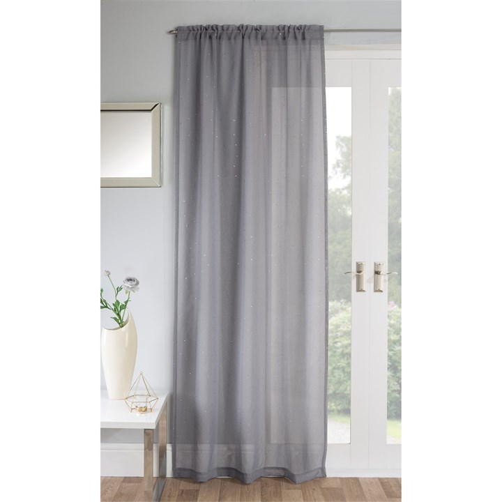 Grey voile panel with all-over diamante embellishments, featuring a gathered top for easy hanging, set against a bright window and minimalist decor.