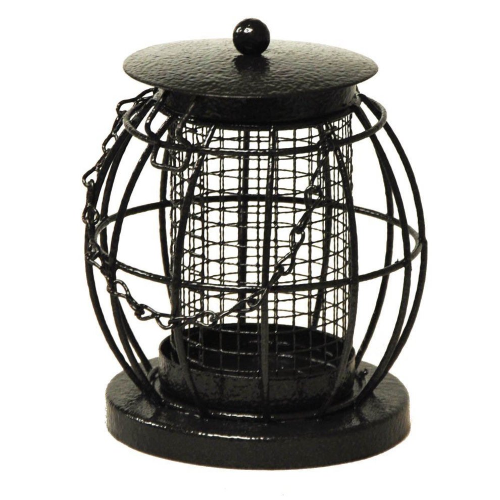 Black metal mini lantern nut feeder with a textured finish, featuring a wire mesh design, a removable lid, and a sturdy base for hanging or standing.
