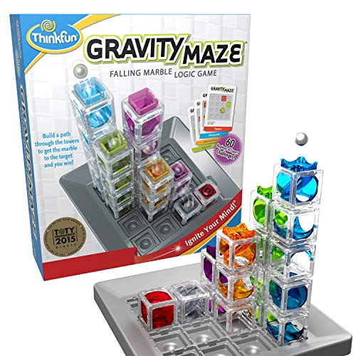 Colorful transparent plastic towers in various shapes and sizes, with a white base and a marble poised above, alongside a game box featuring the title "Gravity Maze."