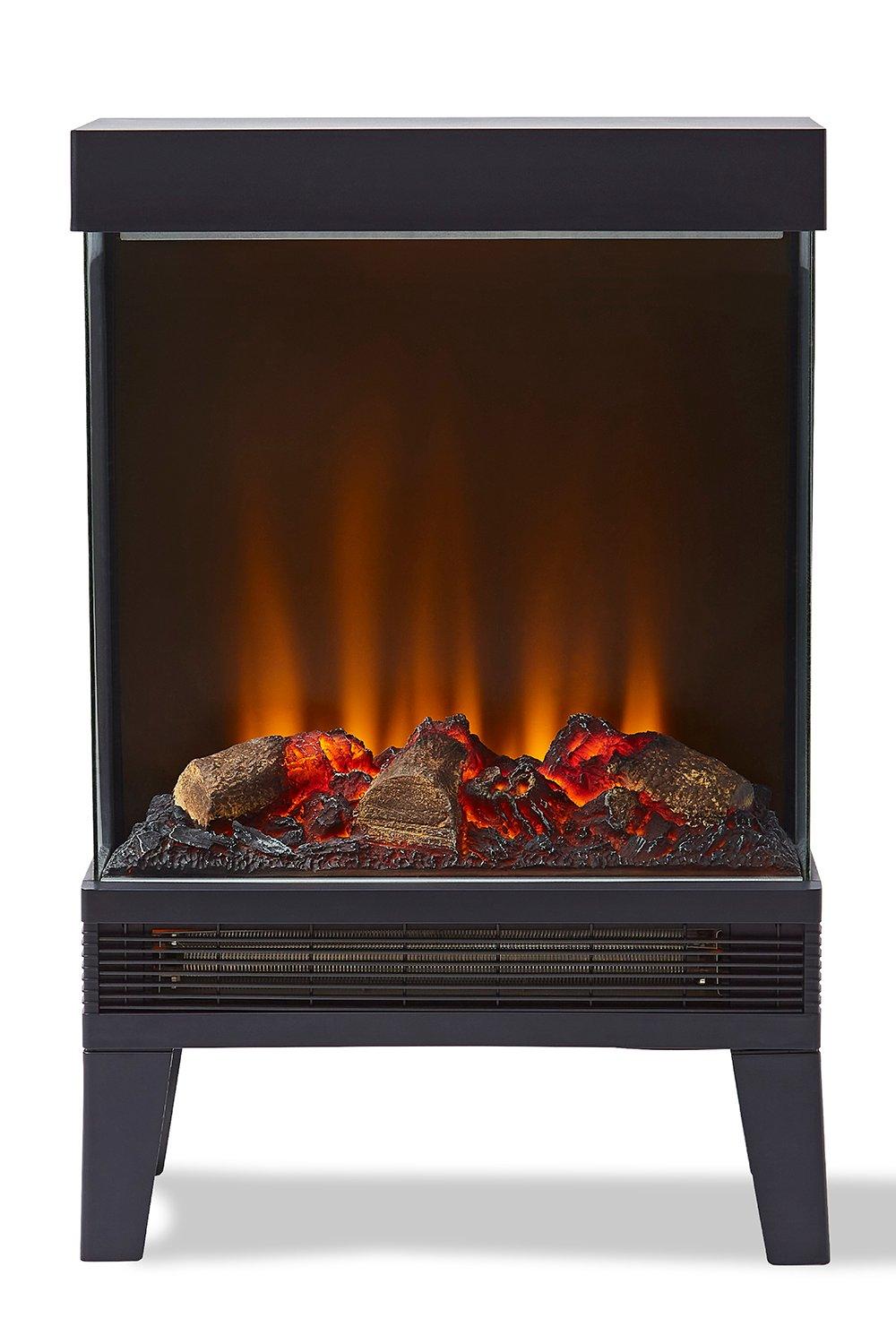 Grey panoramic electric fire stove featuring a log effect, realistic flame display, and sleek design with a glass front and metal frame.