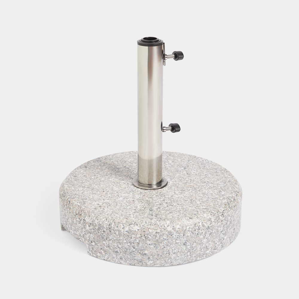 Grey round granite parasol base featuring a smooth, textured surface and a central stainless steel pole with adjustable clamps for securing an umbrella.