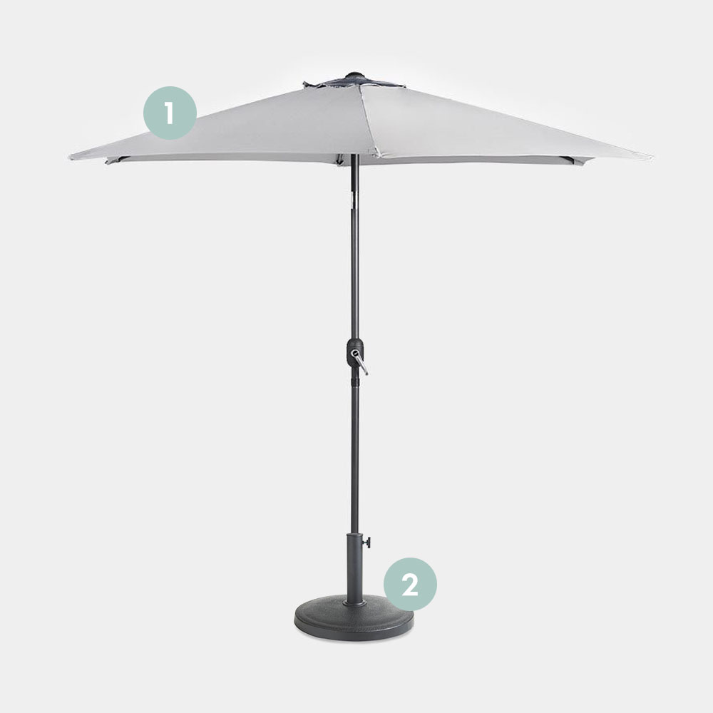 Grey steel parasol with a light grey canopy, featuring a sturdy 12KG base, adjustable height, and a crank mechanism for easy opening and closing.