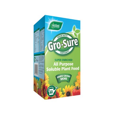 Bright blue and green box of Gro-Sure All Purpose Fast Acting Soluble Plant Feed, featuring colorful flowers and vegetables, with details on 80 applications and super enriched formula.