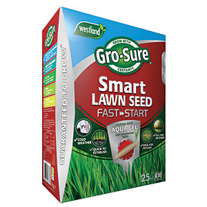 Green and red box featuring "Gro-Sure Smart Seed Fast Start" branding, with a capacity of 25 sq.m, highlights Aqua Gel technology for quick growth, and includes various usage icons.
