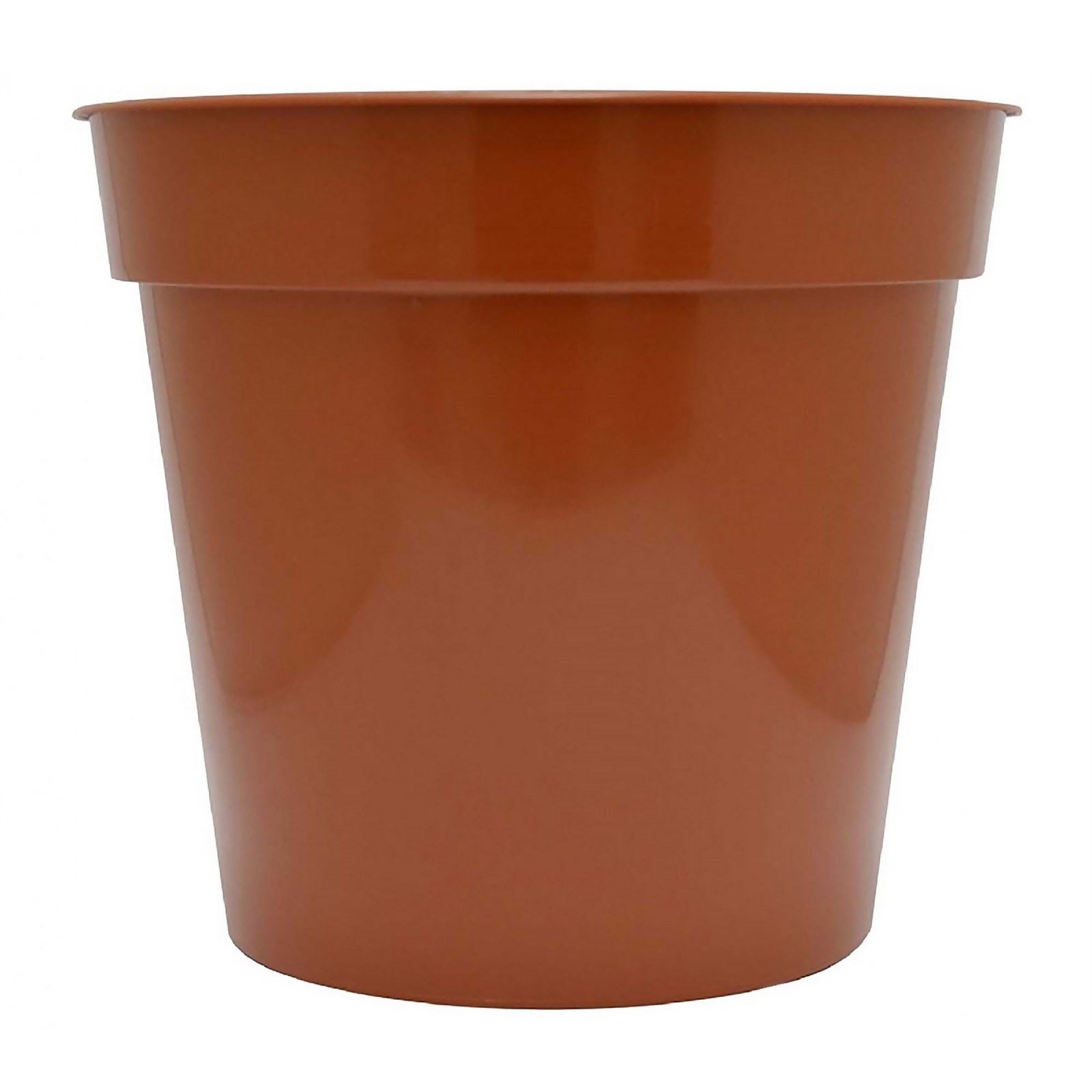 Bright orange plastic flower pot, 20cm in height, with a smooth finish and a wide opening, ideal for indoor or outdoor plants.