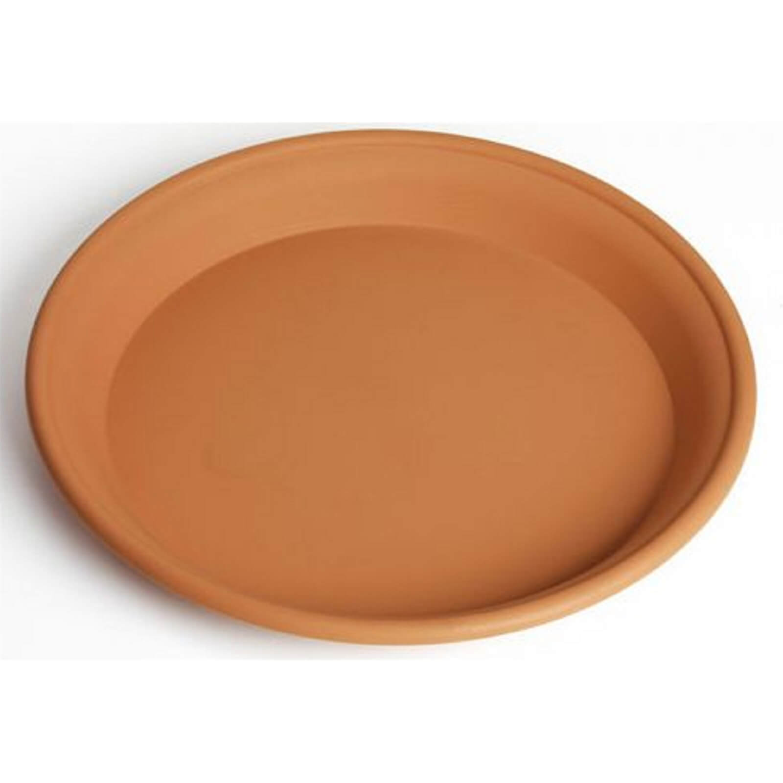 Terracotta plant pot saucer, 7-8 inches in diameter, featuring a smooth, round design with a slightly raised edge for catching excess water.