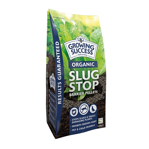 Green and brown pouch of Growing Success Organic Slug Stop Barrier Pellets, featuring a leaf design, key benefits highlighted, and a pet-friendly label.