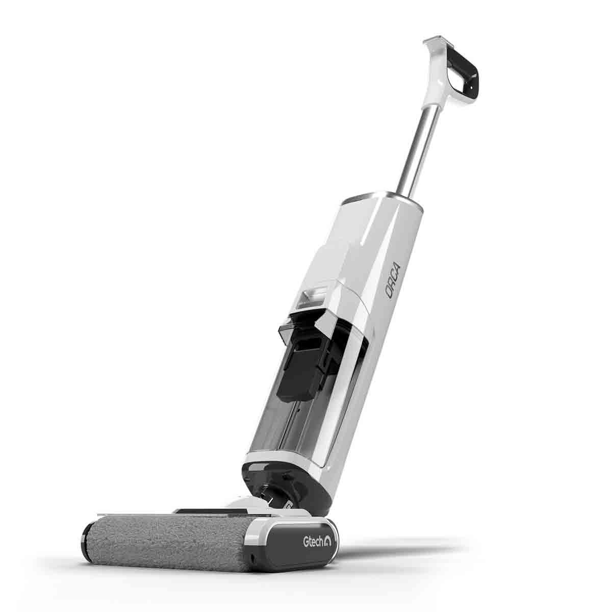 Cordless wet and dry vacuum cleaner in white with a sleek design, transparent dust container, and a grey cleaning roller, featuring a comfortable handle for easy maneuverability.