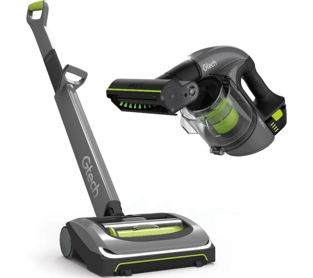 Cordless vacuum bundle in gray with green accents, featuring a stick vacuum and a handheld unit, both designed for versatile cleaning with a sleek, modern appearance.
