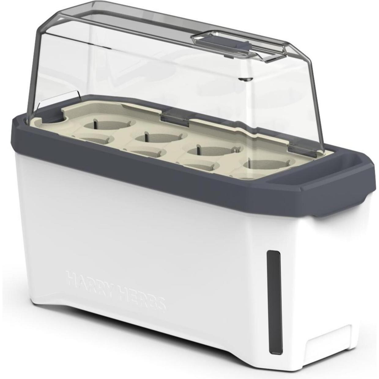 White rectangular herb pot with a clear plastic lid, featuring five planting sections and a grey top edge, labeled "HARRY HERBS." Ideal for growing herbs indoors.
