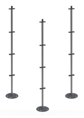 Three light gray tomato support stakes made of metal, each featuring multiple horizontal rings for plant support and a sturdy circular base for stability.