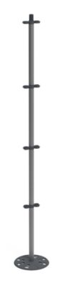 A light gray metal tomato support stake with a round base and four adjustable rings for securing plants, designed for garden use.