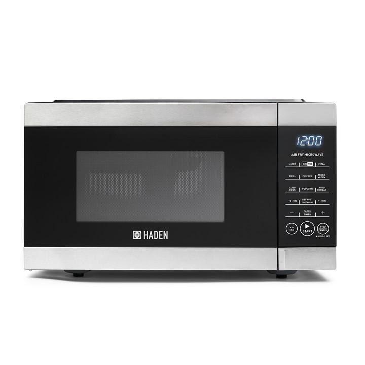 Black and stainless steel Haden 211064 Air Fryer Microwave with a digital display, control panel, and a large glass window for viewing food inside.