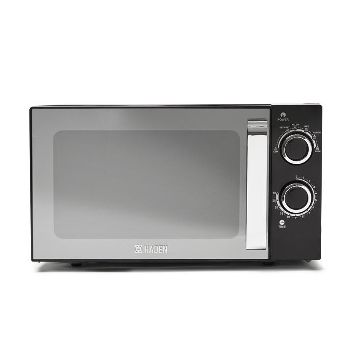 Black Haden 207777 800W solo microwave featuring a sleek mirror door, a stainless steel handle, and two control dials for power and timer settings, with a 20L capacity.