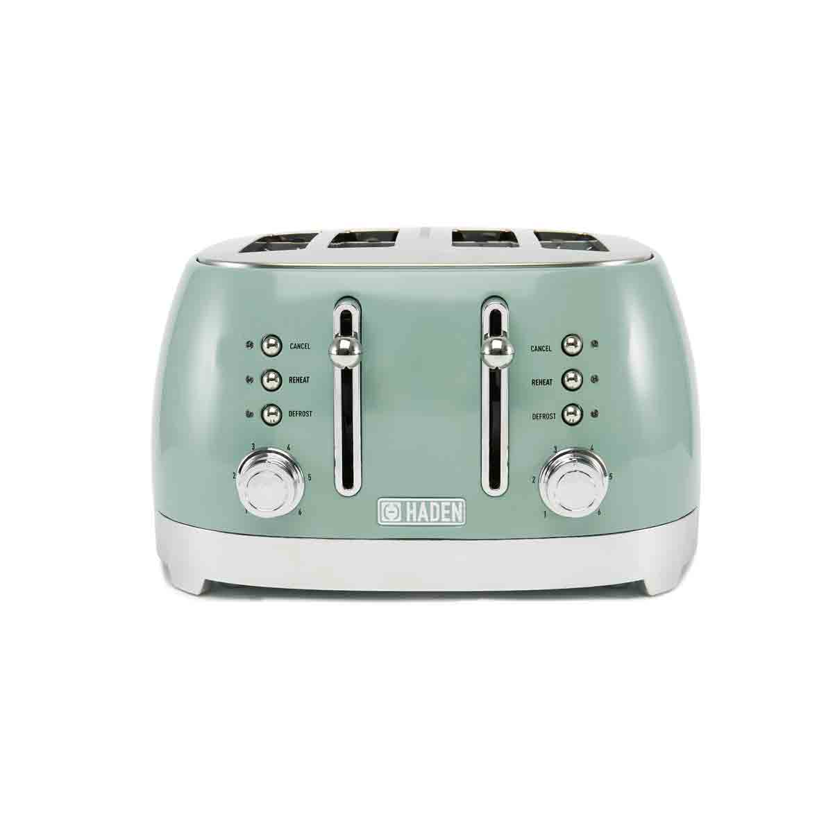 Bristol Green 4-slice toaster with extra wide slots, dual browning control, stainless steel housing, and a stylish sage green finish.