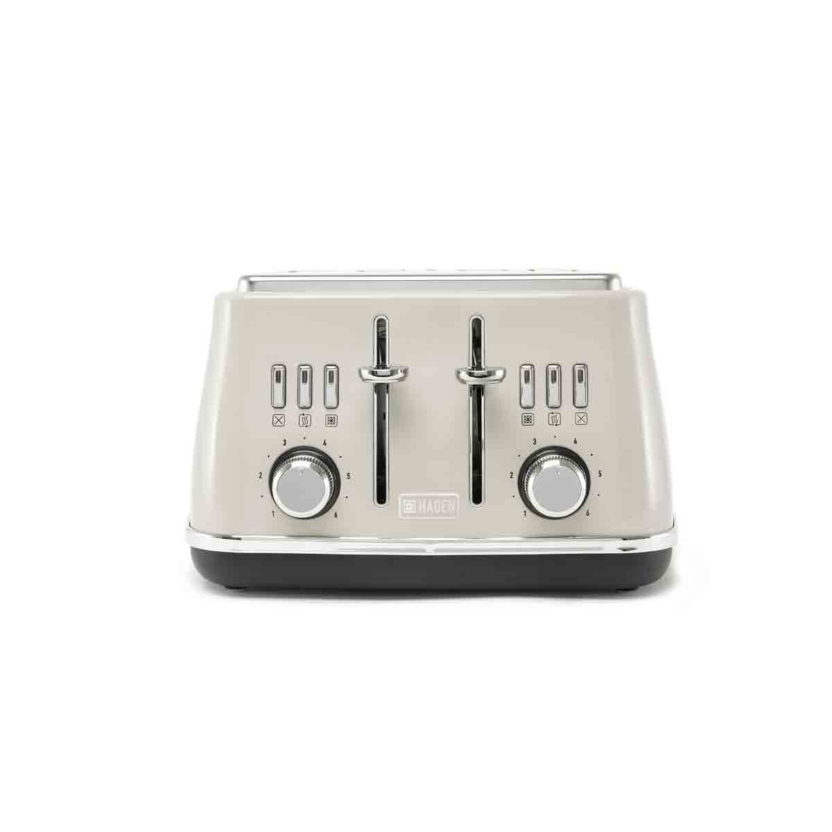 Beige Haden 205995 Cotswold 4-slice toaster featuring two control knobs, four toasting slots, and a sleek, modern design with a putty finish.
