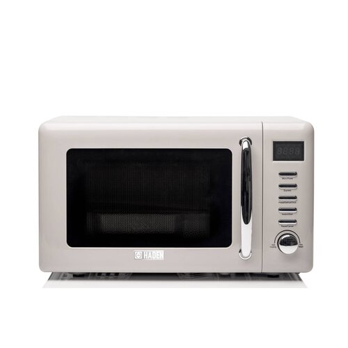 Putty-colored Haden microwave with a sleek design, featuring a glass door, digital display, and multiple control buttons on the side for easy operation.