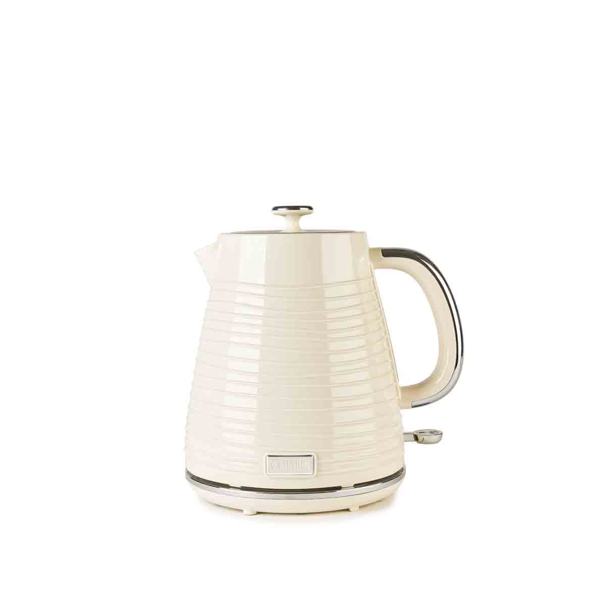Cream-colored Haden 204417 Devon kettle with a textured ribbed design, stainless steel handle, and a polished lid, featuring a compact and stylish silhouette.