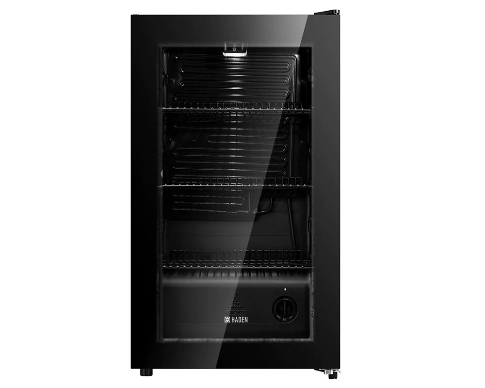 Black Haden HBC93LE 93L drinks cooler with a glass door, three adjustable shelves, and a sleek, modern design featuring a minimalist control panel at the bottom.