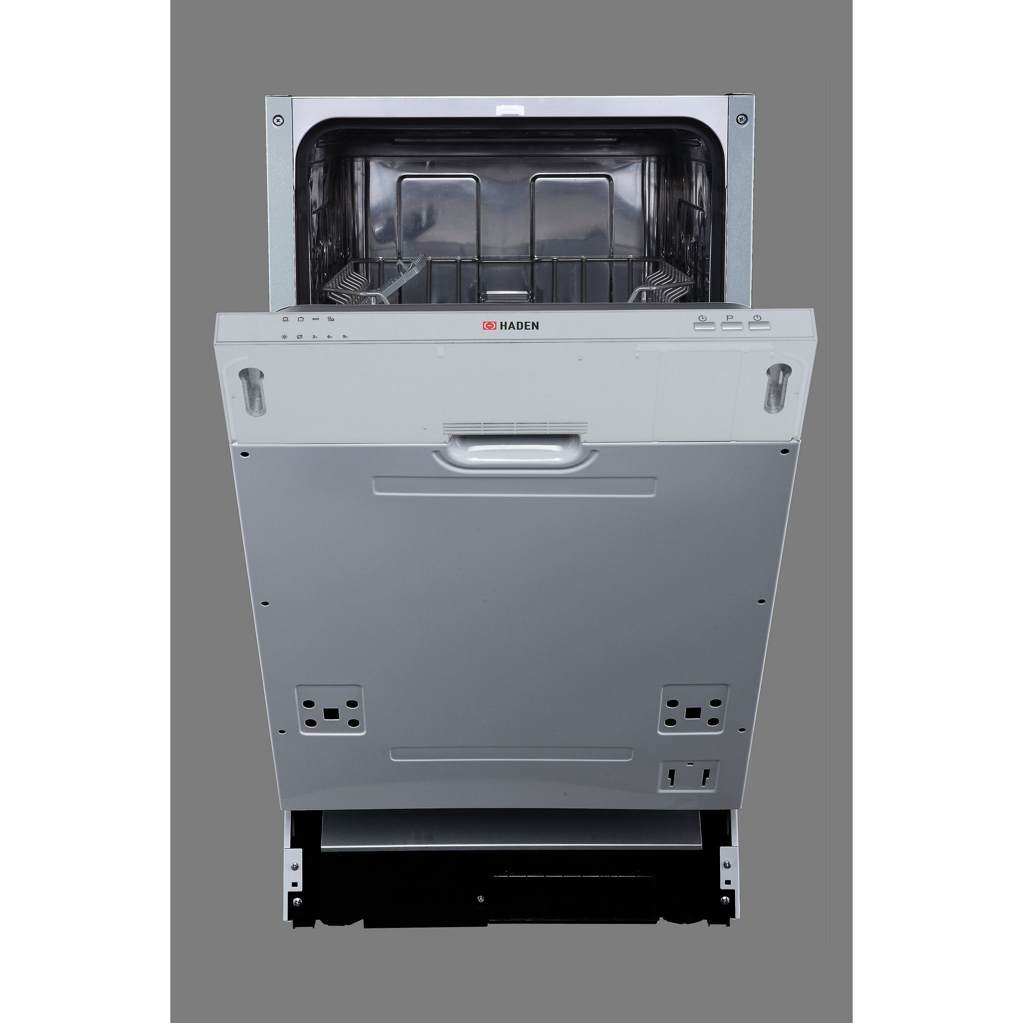 Haden HDI4510 slimline dishwasher in stainless steel with a sleek front panel, control buttons, and an open door revealing the interior rack and spray arms.