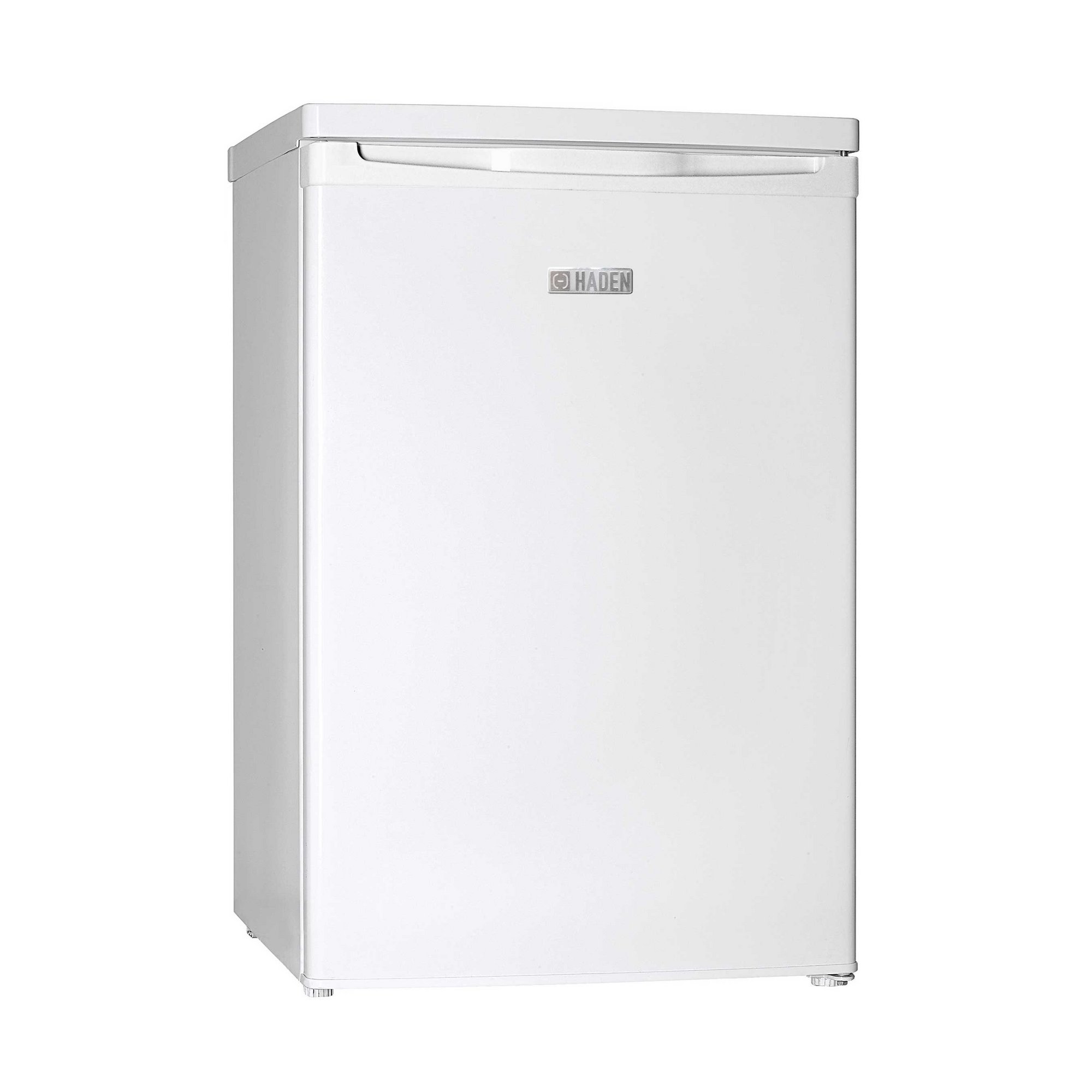 White under-counter fridge with a sleek design, featuring a single door, a silver handle, and a small icebox compartment at the top.