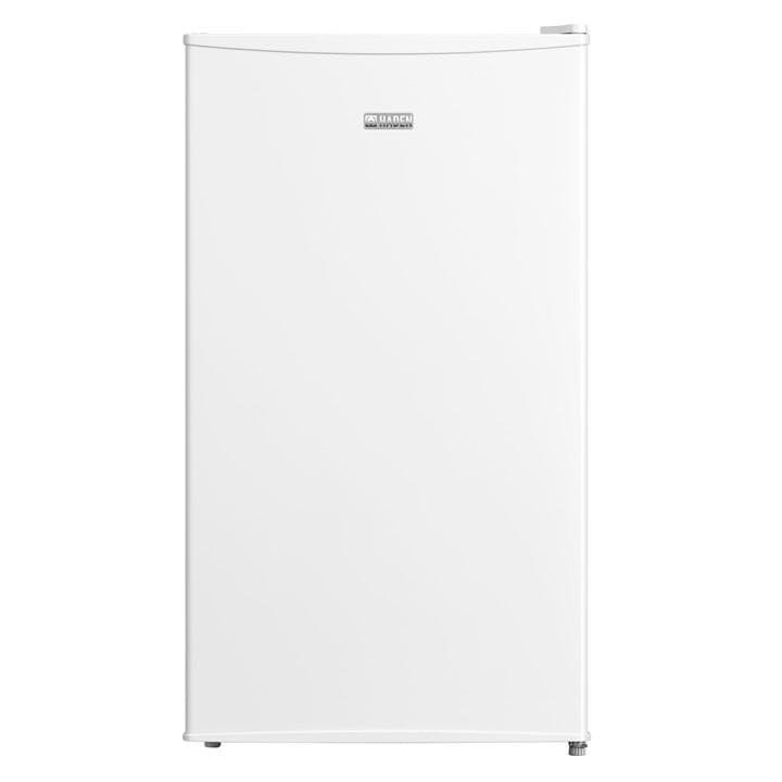 White under-counter fridge with a smooth finish, featuring a small icebox at the top and a minimalist design, ideal for compact spaces.