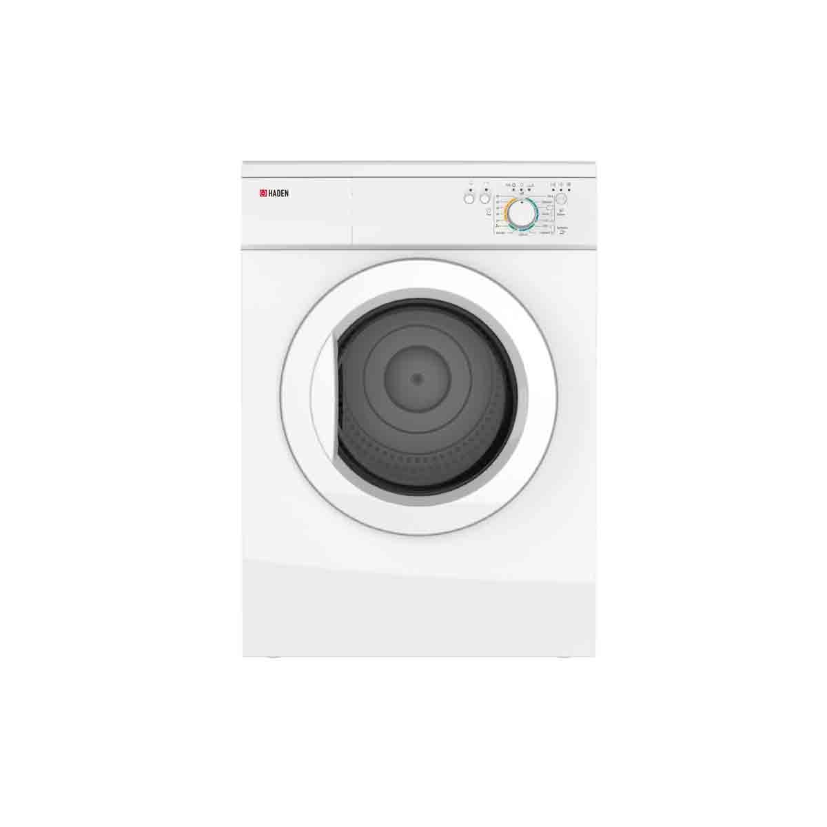 White Haden HVT7W 7KG vented tumble dryer featuring a large circular door, control dial, and multiple settings for efficient drying.