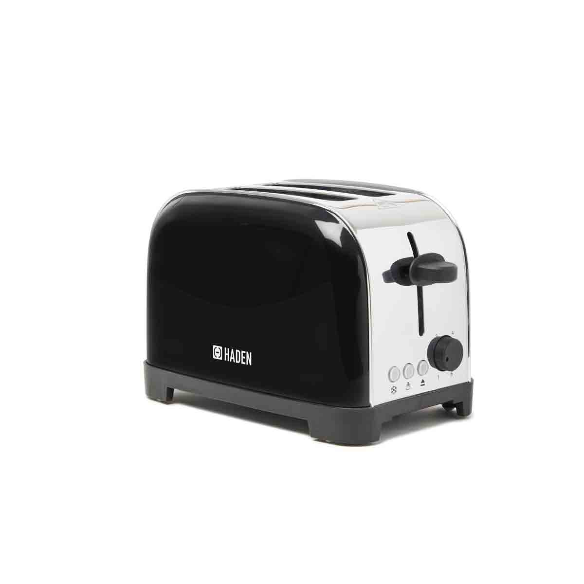 Black Haden Iver 2 Slice Toaster featuring a sleek design with a shiny chrome front, adjustable browning control, and a crumb tray for easy cleaning.