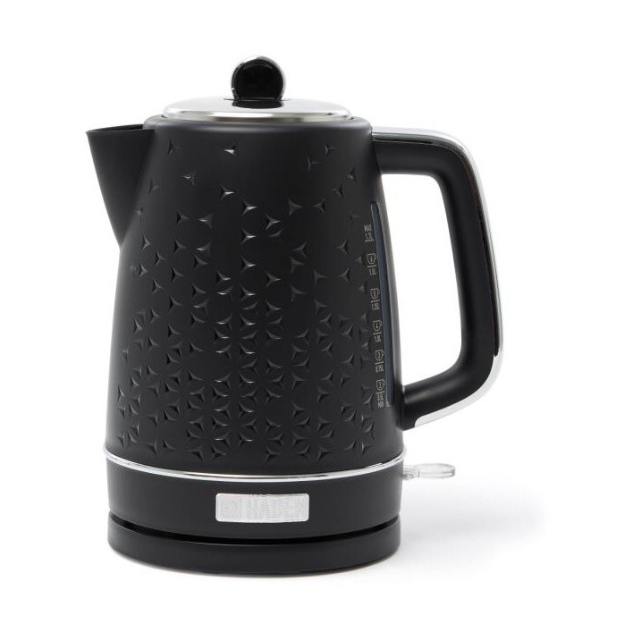 Black Haden 207180 Starbeck kettle features a textured star pattern, a stainless steel lid, a clear water level indicator, and a sleek handle for easy pouring.