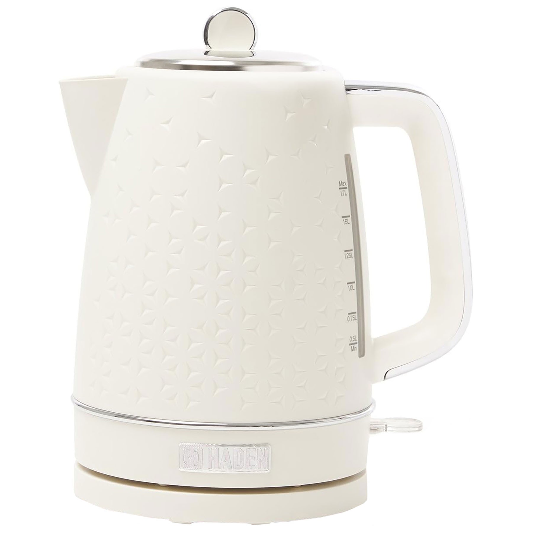 Ivory-colored Haden 207203 Starbeck kettle with a textured star pattern, 1.7L capacity, silver accents, and a clear water level indicator.