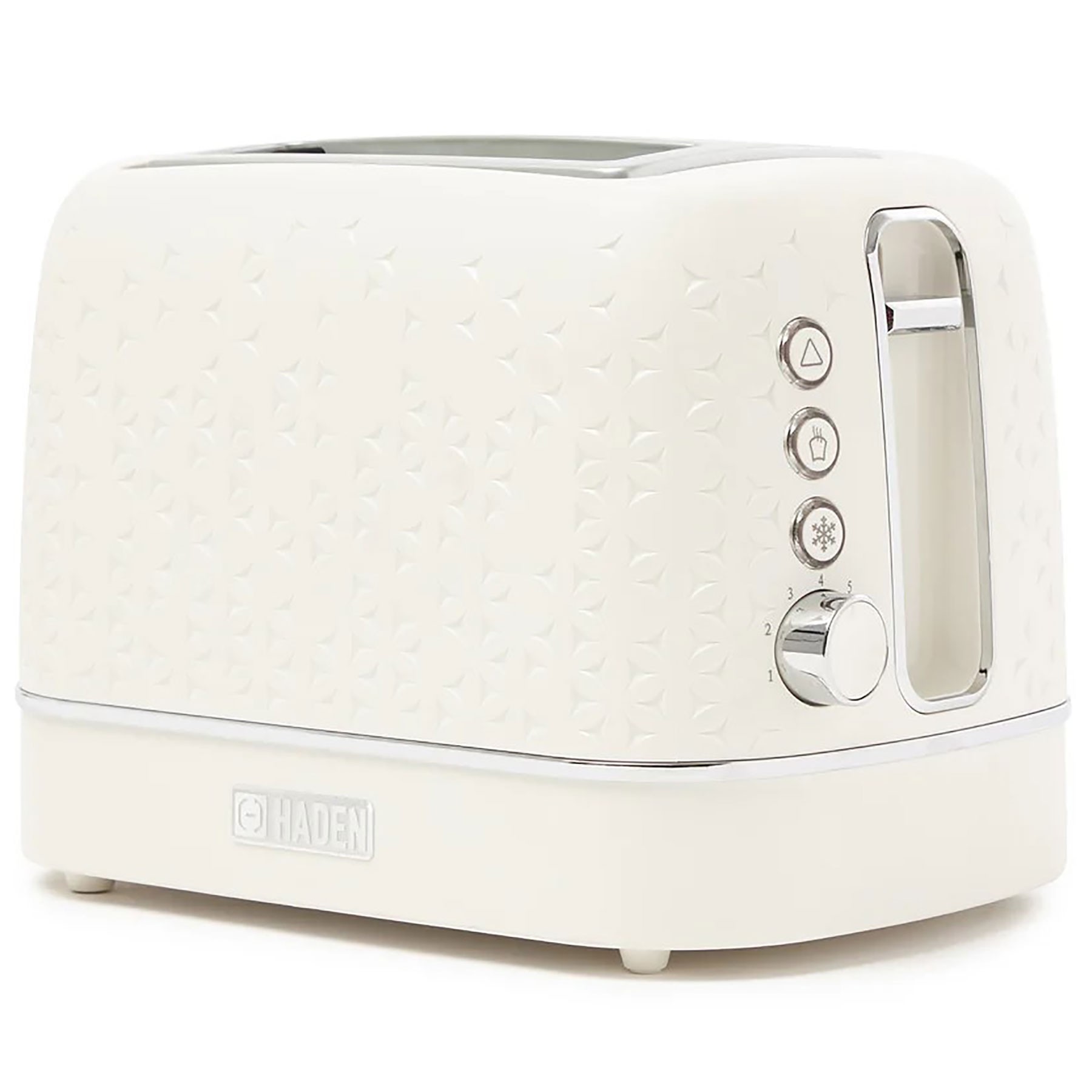 Ivory Haden 207210 Starbeck 2-slice toaster features a textured star pattern, chrome accents, and control knobs for browning and defrosting functions.