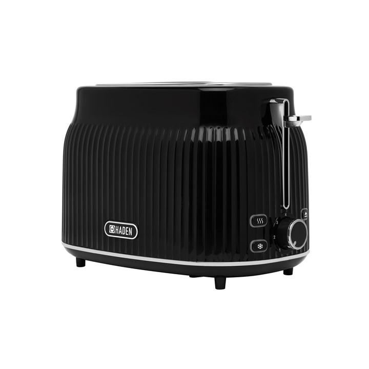 Haden 211279 York 2-slice toaster in glossy black, featuring a ribbed design, chrome lever, and adjustable browning control dial.