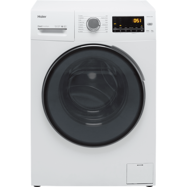 White Haier 39 Series HW80-B1439N washing machine with an 8kg capacity, 1400 RPM spin speed, a large glass door, and a digital control panel displaying the time and settings.