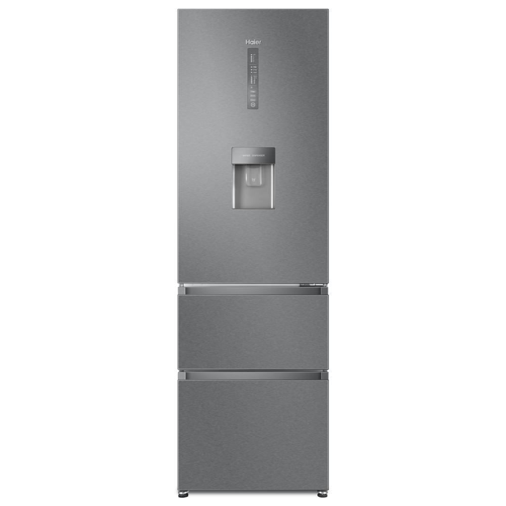 Silver frost-free fridge freezer with a sleek design, featuring a water dispenser, digital control panel, and two bottom drawers for storage, measuring 190x60cm.