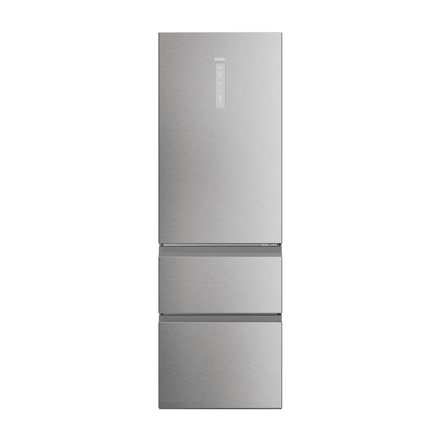 Silver freestanding fridge freezer with a sleek stainless steel finish, featuring a 60/40 split, two bottom drawers, and a minimalist control panel on the front.