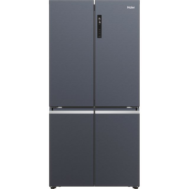 Black Haier Cube 90 Series 5 HCR5919ENMB fridge freezer with a sleek, brushed metal finish, featuring four doors and a digital control panel on the front.