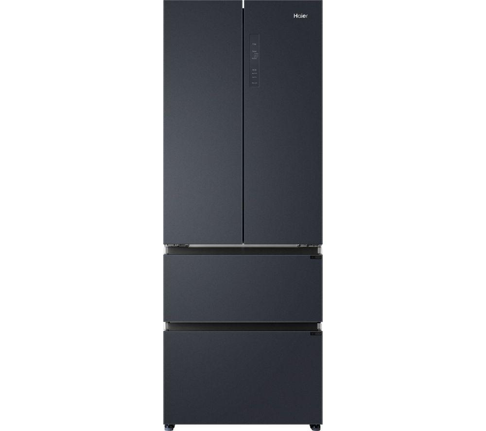 Platinum Inox Haier HFR5719EWMP fridge freezer featuring a sleek, modern design with a top fridge compartment and bottom freezer drawers.