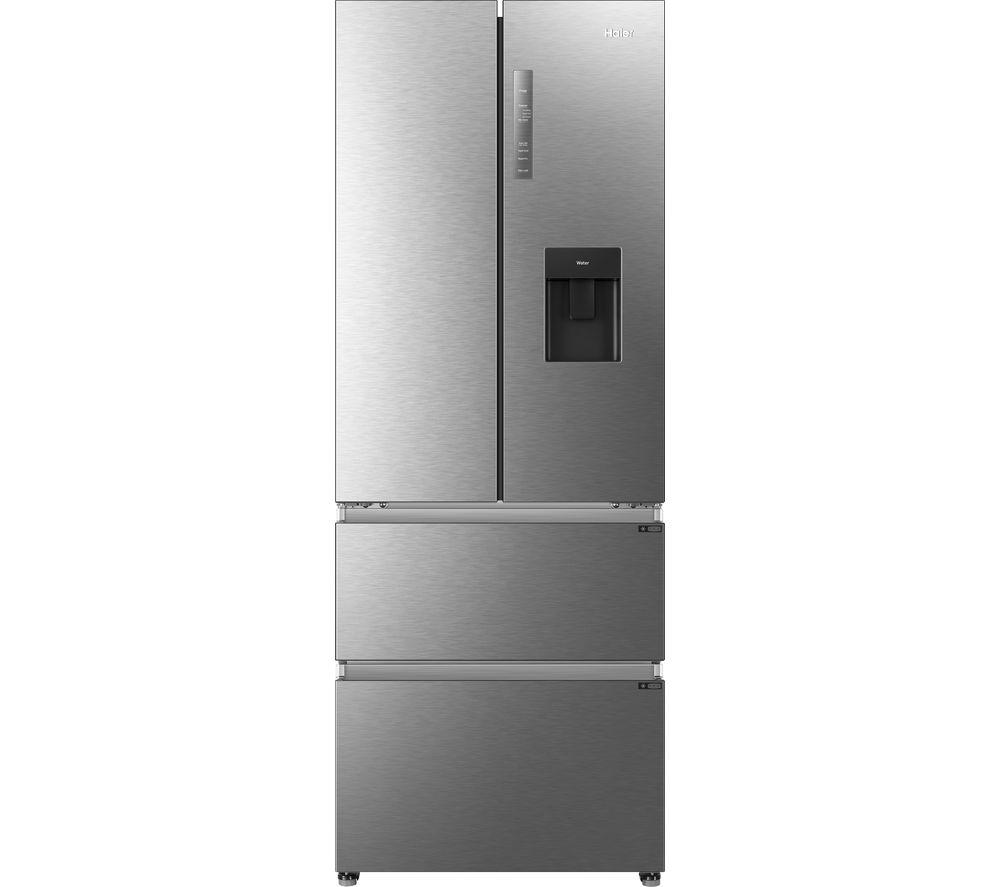 Platinum inox fridge freezer with a sleek stainless steel finish, featuring a water dispenser, four compartments, and a modern design.
