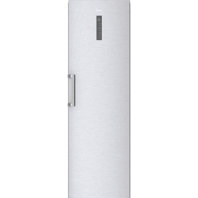 Tall silver freestanding upright freezer with a sleek stainless steel finish, featuring a digital control panel and a sturdy handle, measuring 191x60cm with a 330L capacity.