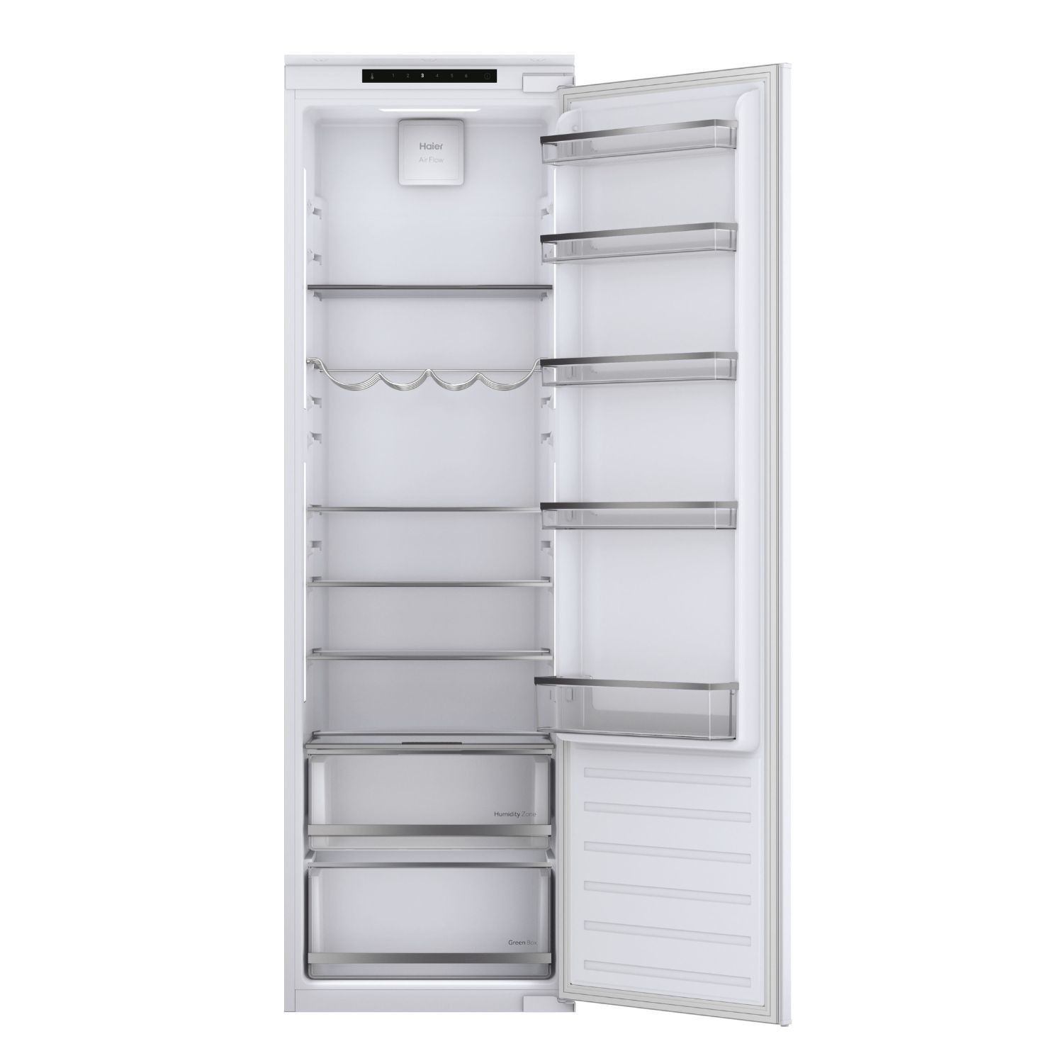 Integrated tall fridge with a white exterior, sliding hinge, multiple transparent shelves, and a sleek design, featuring a digital control panel at the top.