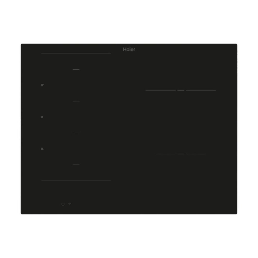 Black 65 cm electric induction hob by Haier, featuring a sleek glass surface, four cooking zones, touch controls, and a minimalist design.