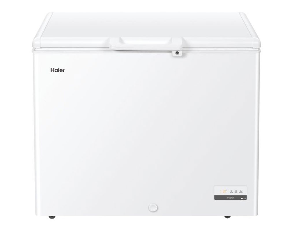 White Haier HCE301E chest freezer with a sleek design, featuring a top-opening lid, control panel with temperature settings, and a compact size suitable for storage.