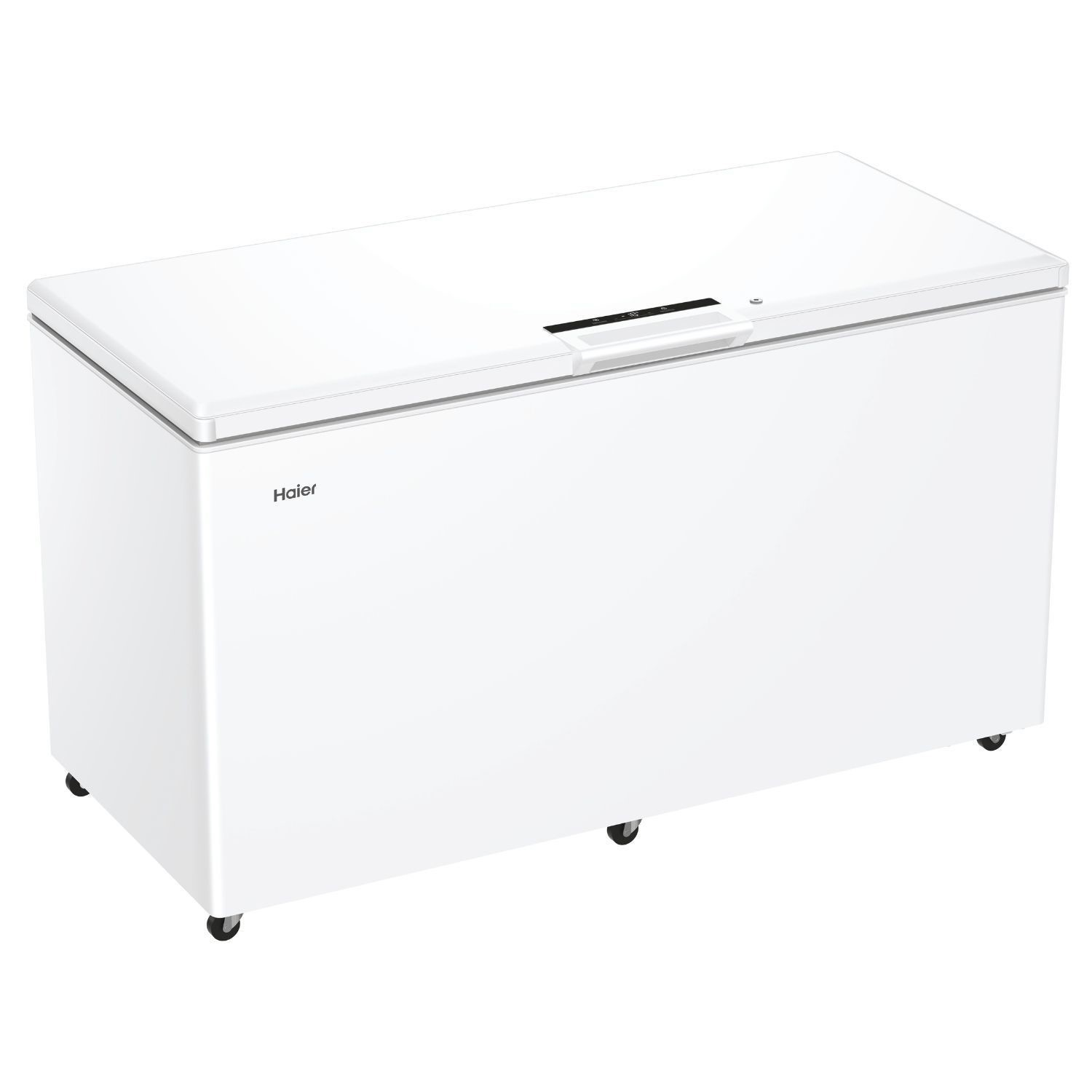 White Haier 500 litre chest freezer with a smooth finish, a flat top, a front handle, and four wheels for mobility.