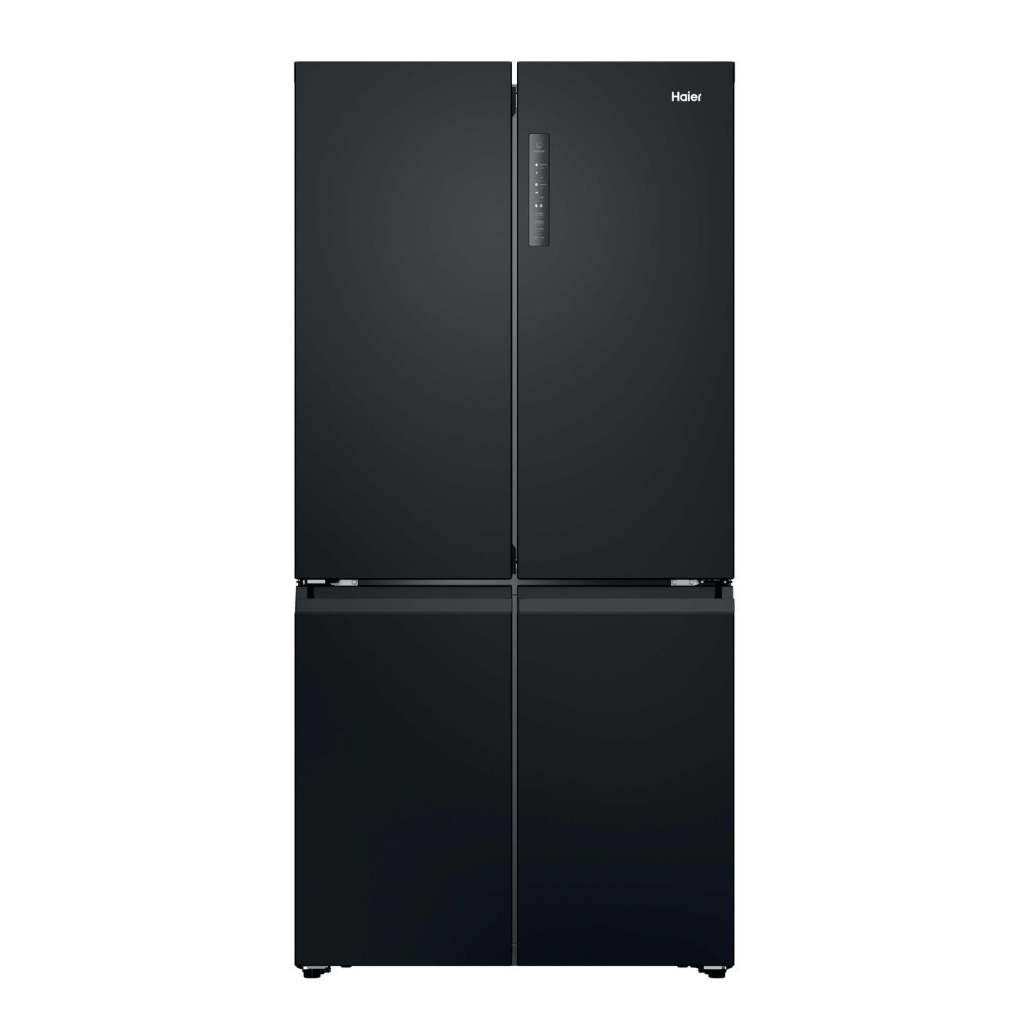 Four-door American fridge freezer in sleek black finish, featuring a minimalist design, digital control panel, and spacious compartments for optimal storage.