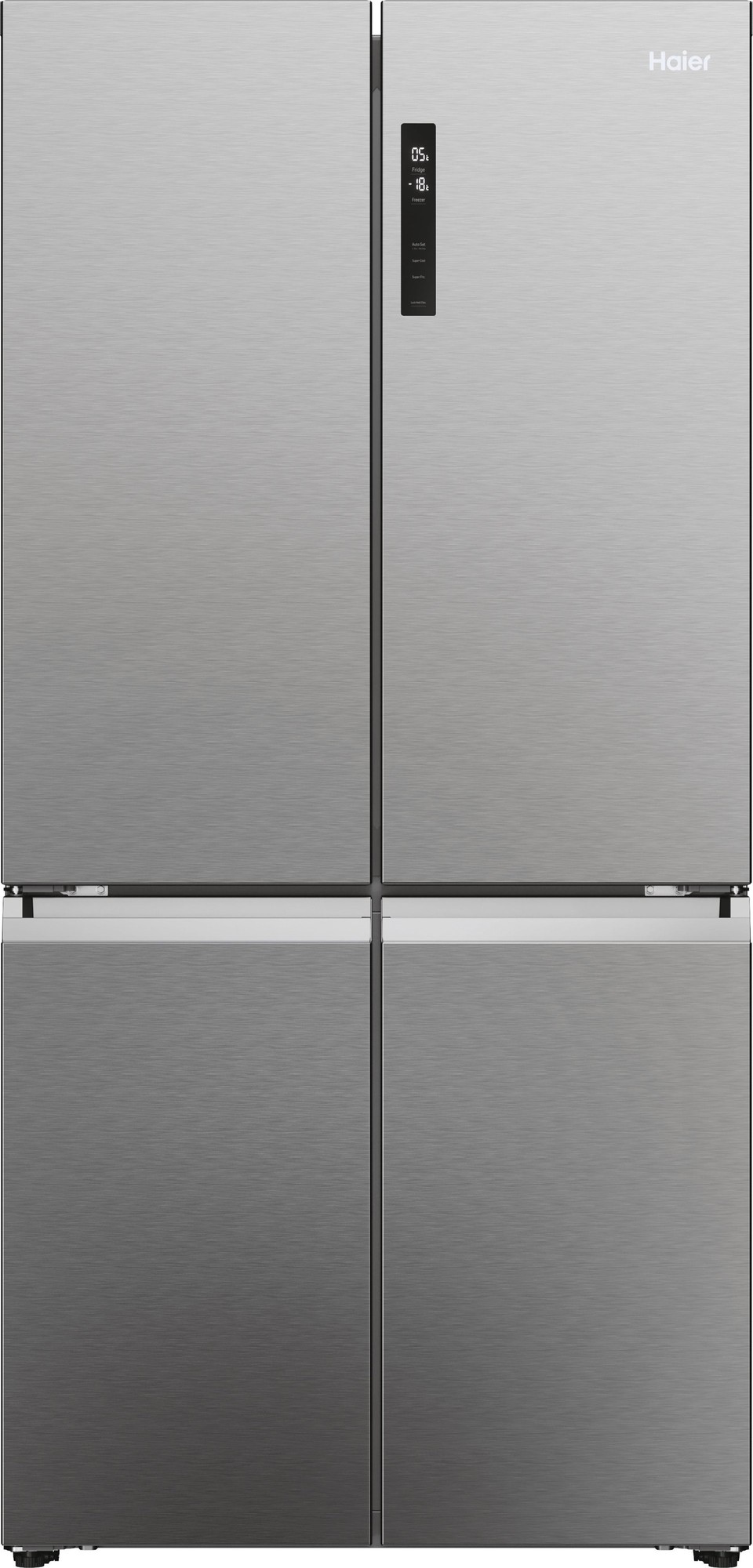 Platinum inox American-style fridge freezer with four doors, featuring a sleek, stainless steel finish and a digital display panel on the front.