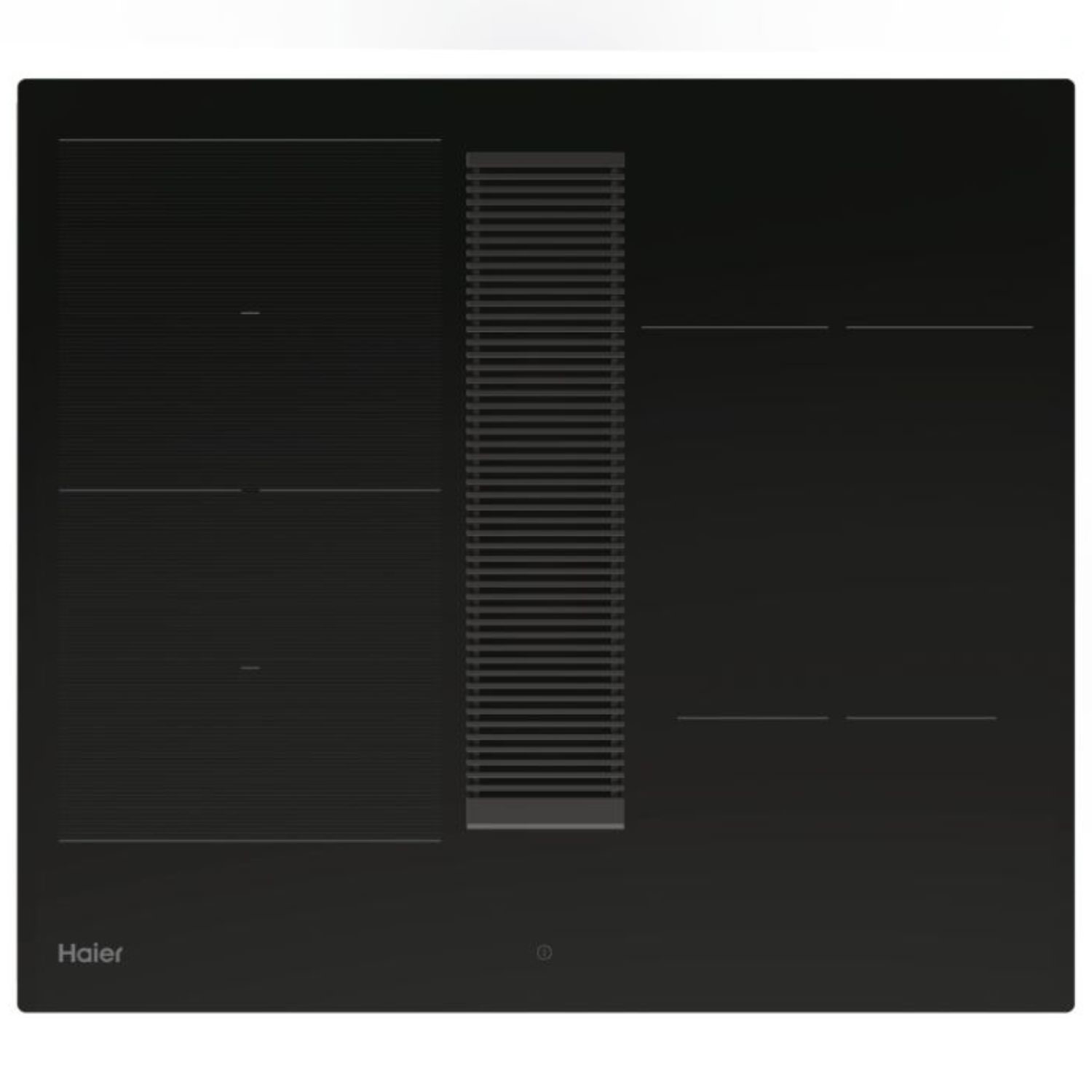 Black induction hob featuring four cooking zones, a sleek glass surface, and a central ventilation area, designed for modern kitchens by Haier.