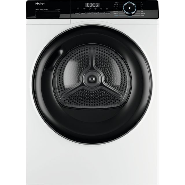 White Haier I-Pro Series 3 HD100-A2939 10KG A++ heat pump tumble dryer with a black circular door and digital control panel featuring a timer and settings dial.